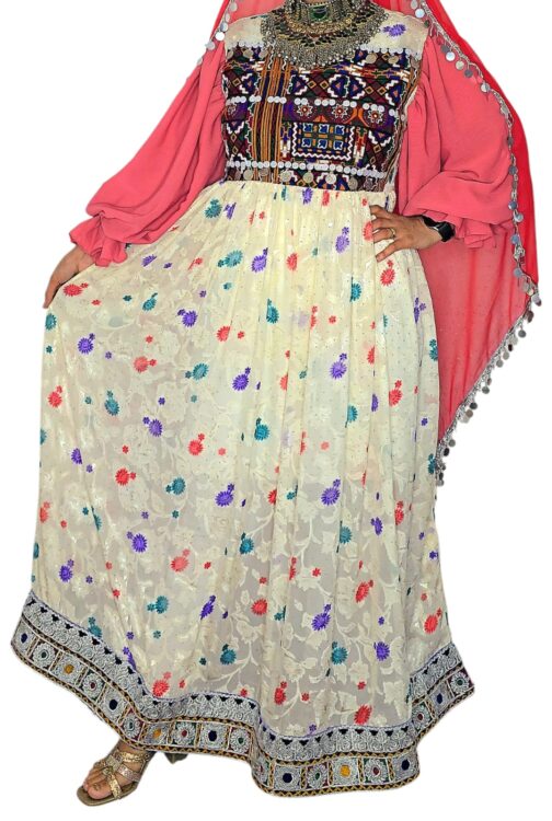 Ivory Floral Afghan Dress with Blush Sleeves