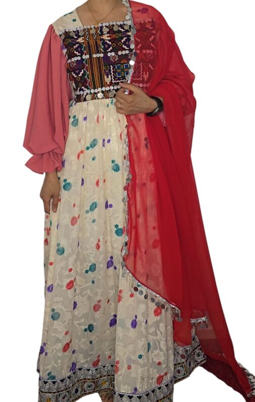 Ivory Floral Afghan Dress with Blush Sleeves