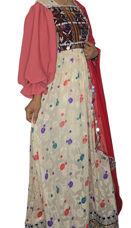Ivory Floral Afghan Dress with Blush Sleeves