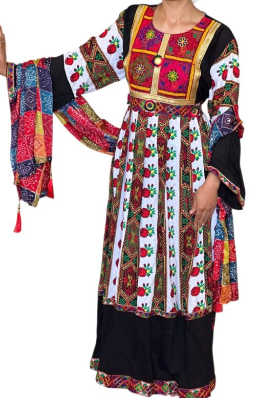 White & Black Cotton Ghand with Floral and Geometric Embroidery