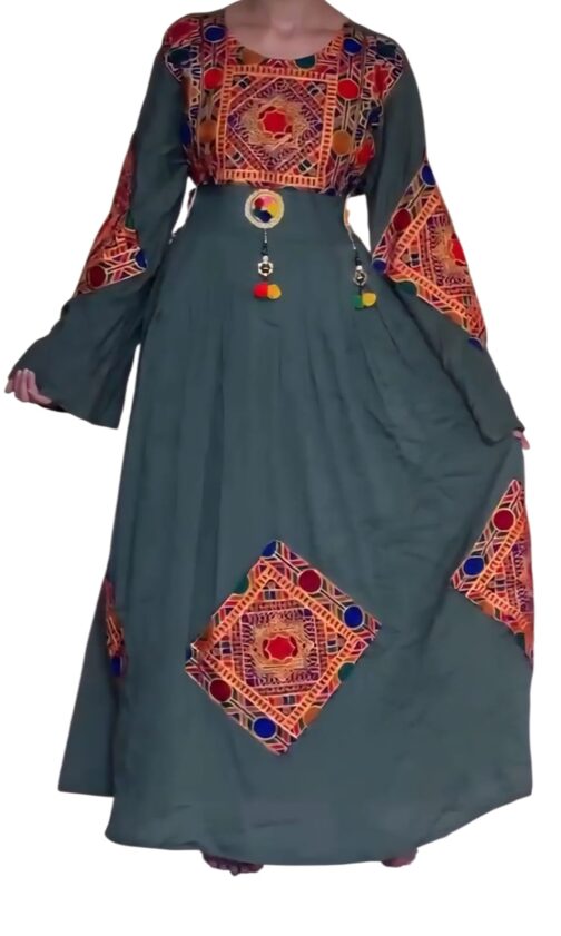 Olive Green Cotton with Geometric Embroidery