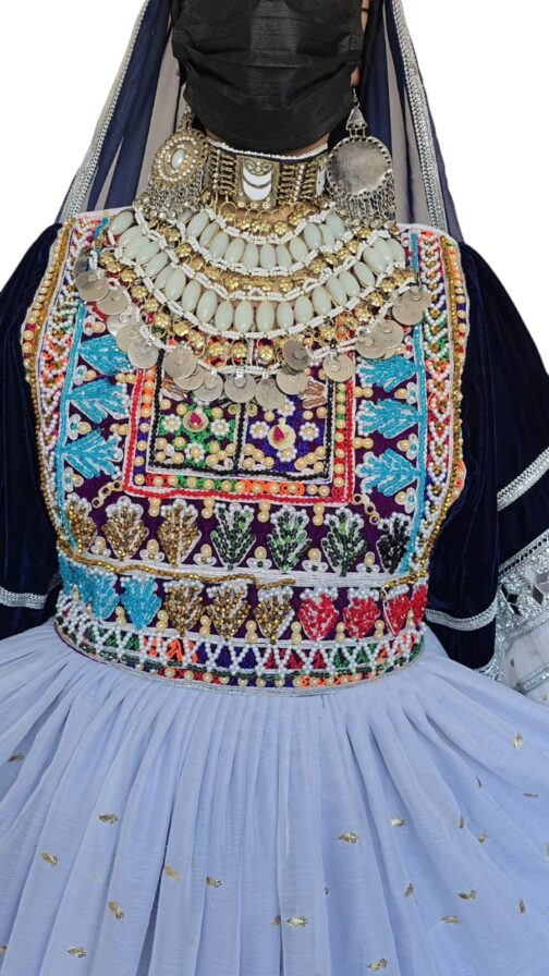 Elegant Navy & Sky Blue Afghan Dress with Gold Details and Embroidered Bodice