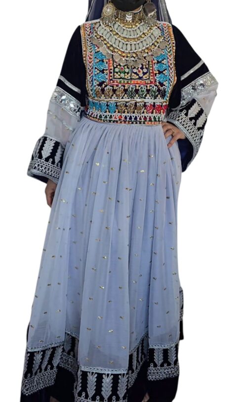Elegant Navy & Sky Blue Afghan Dress with Gold Details and Embroidered Bodice