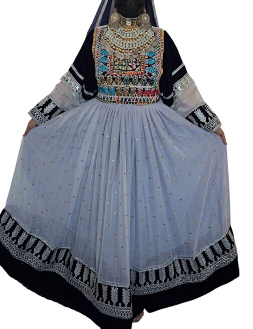 Elegant Navy & Sky Blue Afghan Dress with Gold Details and Embroidered Bodice