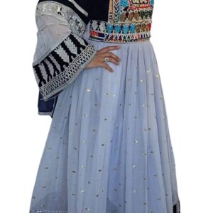 Elegant Navy & Sky Blue Afghan Dress with Gold Details and Embroidered Bodice
